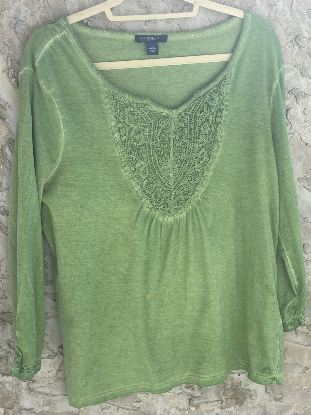 Hippie Boho Lagenlook Bandolino Green Lace-Trim Long Sleeve Tee M Fairy Garden